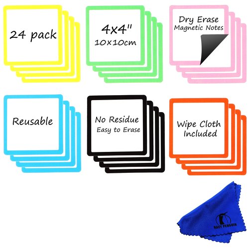 Dry Erase Magnets Set - 24 Pack - 4x4 in Whiteboard Magnetic Notes Planning Pads Labels - Small White Board Magnet Strips Name Tags for Home, Office and Classroom