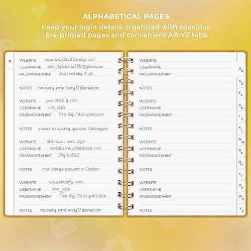 Clever Fox Password Book Spiral – Internet Address & Password Organizer with Laminated Alphabetical Tabs – Password Keeper Journal – Hardcover, Medium Size, 6.1x7.7” (Amber Yellow)