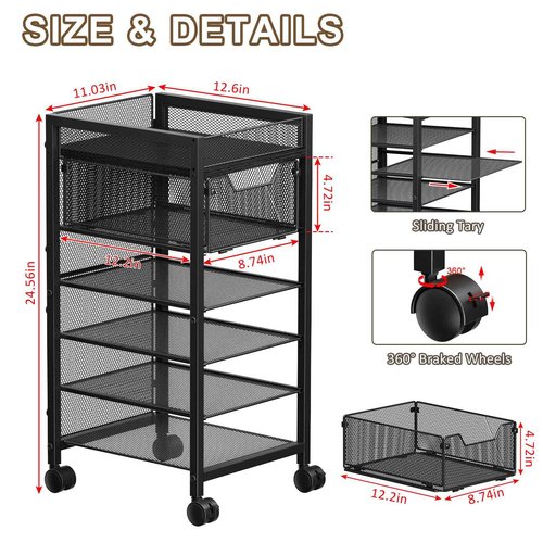 keomaisyto Under Desk Storage Slim File Cabinet, 6-Tier Rolling File Cart with Paper Letter Tray & Drawer, Standing Paper Organizer with Wheels, Narrow Desk Organization for Home Office Workspace