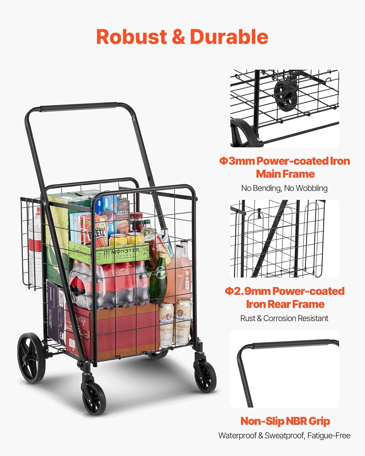 VEVOR Jumbo Grocery Cart - Heavy Duty Folding Shopping Cart with Double Baskets & 360° Swivel Wheels | 110 LBS Capacity, Black