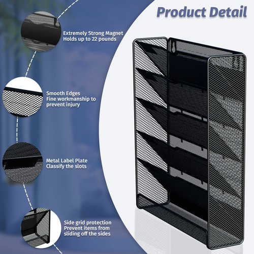 Ounyoizs 6-Tier Magnetic File Holder, Large Capacity File Cabinet Organizer, No-Drill Mount Hanging Magnetic Paper Holder for File Cabinets, Office, Whiteboard, Magnetic Mail Holder, Black