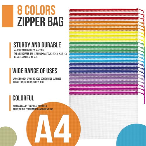 24pcs Mesh Zipper Pouch File Bags Puzzle Storage Bags, A4 13x9 Inches Large Reusable Zipper Pouches for Organizing Classroom Board Game Organization