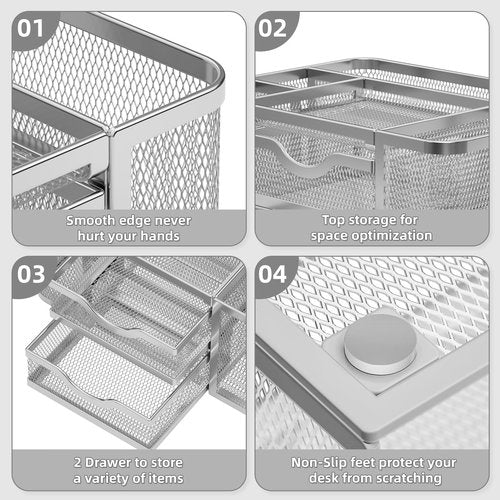 Marbrasse Mesh Desk Organizer, Pen Organizer with 2 Drawer, Multi-Functional Pencil Holder, Desk Organizers and Accessories with 5 Compartments + Drawer for Office Art Supplies (Silver)