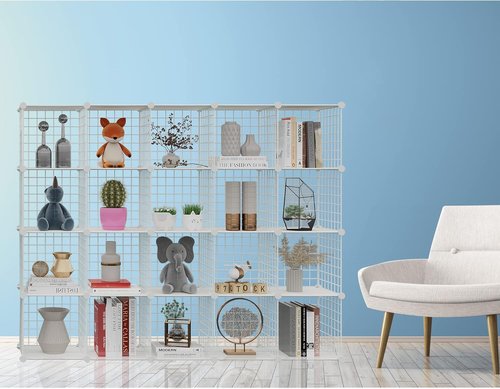 Hubson Wire Cube Storage Organizer - Versatile 20-Cube Metal Grid Shelf for Books, Toys, Crafts & Plants - White