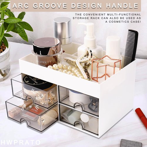 HWPRATO Cute Pen Organizer with Drawer, Multi-Functional Small Desktop Accessories Organizers, Pencil Holder for Desk Office Art Supplies (4 Drawer Desk Organizer-White)