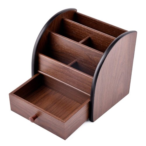 Siveit Wooden Desktop Organizer with Drawer, Multifunctional Office Supply Storage - Remote Control Caddy Holder