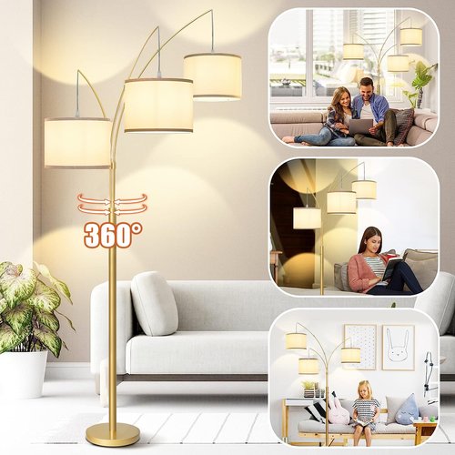 3 Lights Arc Floor Lamps for Living Room,Gold Modern Tall Standing Lamp Hanging Over The Couch with Shades & Heavy Base,Mid Century Black Tree Floor Lamp for Bedroom Office