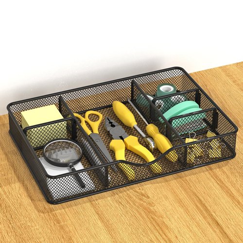 VyGrow Desk Drawer Organizer Tray, Metal Mesh Drawer Organizers Office, 6 Adjustable Compartment, Desk Organizer Tray for Home Office 12.87L x 8.73D x 1.96H inch, Black, 1PC Medium
