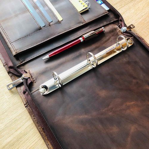 3 Ring Check Binder, Genuine Leather Check Book Portfolio for 3 Holes Checks or 9 Holes Checks, Fits 3-on-a-Page Business Checks, Check Book Binder for 11 1/4"x9", Crazy Horse Leather Dark Khaki