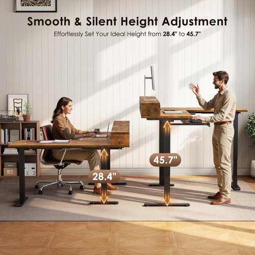 OffiGo L-Shaped Electric Standing Desk - Height Adjustable Corner Desk with Drawers & Monitor Stand | Rustic Brown, 59 Inch