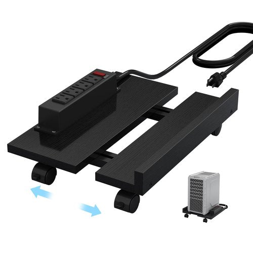 Adjustable PC Tower Stand With Power Strip, Wooden CPU Stand With Locking Casters, Rolling Computer Tower for Desktop, Adjustable Width, Durable Iron Frame for Home and Office