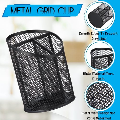 Sherr 4 Pack Mesh Pencil Holder Metal Pen Cup for Desk Round Pen Holder with 3 Compartments Desktop Pencil Organizer for Office Home School Tabletop