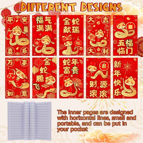 Moinchore 200 Pcs Chinese Lunar New Year Gift Set Includes Cute Snake Notebooks Bookmarks Ballpoint Pens Red Organza Bags Suitable for 2025 New Year Gifts School Offices
