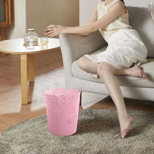 YEMIANJU Simple Cute Wastebasket Hollow Flower Shape Plastic Lidless Wastepaper Baskets Trash Can Pink Bathroom Decor 3.6 Gallons Garbage can (Pink, XL)