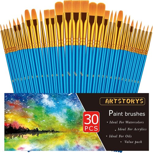Skiennix 30-Piece Paint Brush Set - Versatile Brushes for Acrylic, Oil & Watercolor Painting | Ideal for Artists & Crafts, Blue