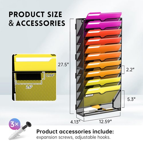 JMHUD 11-Tier Wall File Organizer Hanging File Organizer for Papers, Folders, Files, Magazine, Document, Mesh Wall Mount File Holder for Office Home School, Black
