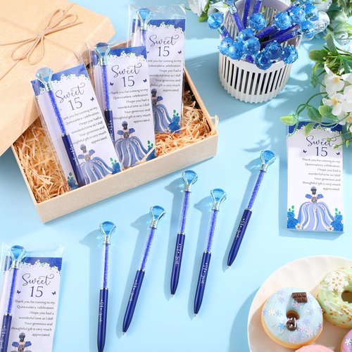 Sayglossy 50 Sets Quinceanera Party Favors Sweet 15th Thank You Gifts Big Crystal Diamond Pens with Thank You Cards Retractable Ballpoint Bling Pens 15 Birthday Mis Quince Gifts for Guests(Navy Blue)