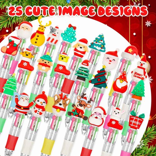 Kosiz 150 Pcs Christmas Fun Pen Bulk Mini Multicolor 4 in 1 Ballpoint Cute Retractable Pens for Winter Holiday Birthdays Parties Prizes Office Writing Supplies Goodie Bag Stuffers