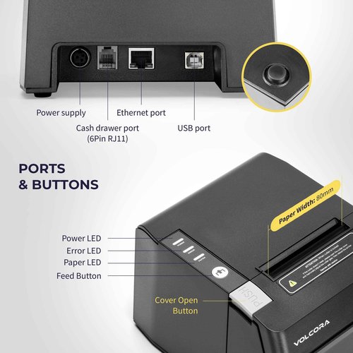 Volcora Thermal Receipt Printer, 80mm USB/Ethernet POS QR Code Printer with Auto Cutter for Cash Drawer/ESC/POS, Compatible with Android/Windows/Linux, Retailer, Restaurant Use, Wall Mount, Black