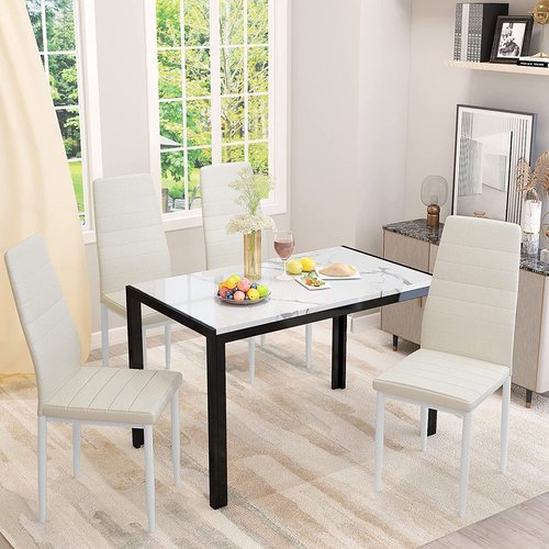 AWQM 5 Piece Dining Room Table and Chairs Set,Rectangular Table and 4 PU Leather Chairs,Faux Marble Dining Table Set for 4,Perfect for Kitchen,Living Room,Dining Room,White&Beige