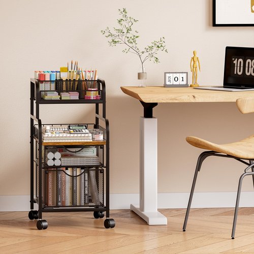 SWTYMIKI Rolling Cart with Drawers - Metal Utility Cart with Wood Shelf, DIY Divider and Locking Wheels, Craft & Art Cart Organizer for Under Desk Storage for Home Office Studio, Black