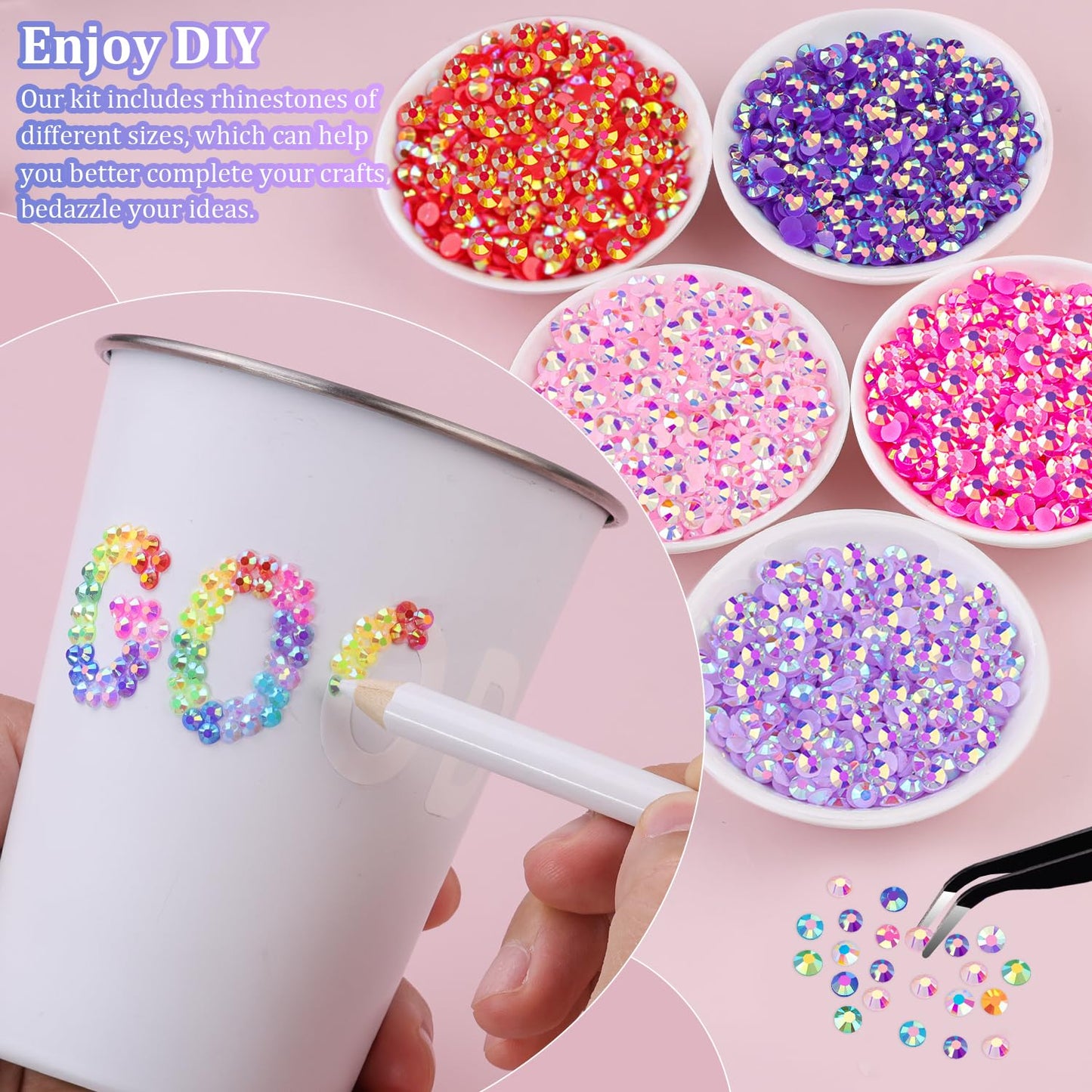 8500Pcs Resin Rhinestones with Tweezers for Crafting, Mixed-Color 5mm Bedazzling Crystal with 3Pcs 10ml B7000 Jewelry Glue for DIY Crafts Clothing Tumblers Shoes Fabric Nail Art