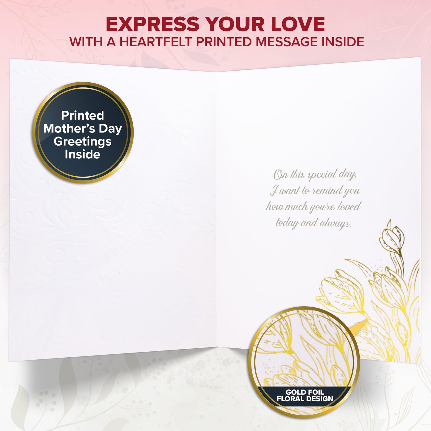 Decorably Gold-Foiled 5x7in Individual Mothers Day Cards for Daughter with Tulips Cutout, Ribbon & Pearls, with Envelope & Sealing Wax, Textured with Printed Message Inside - Gifting, Mailing