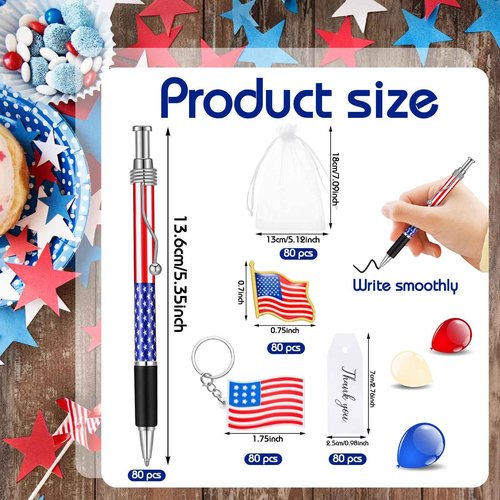 Qilery 400 Pcs Veterans Day Style American Flag Lapel Pins Ballpoint Pen Independence Day Flag Keychains Thank You Card Organza Gift Bag for Home Office 4th of July Party Supplies