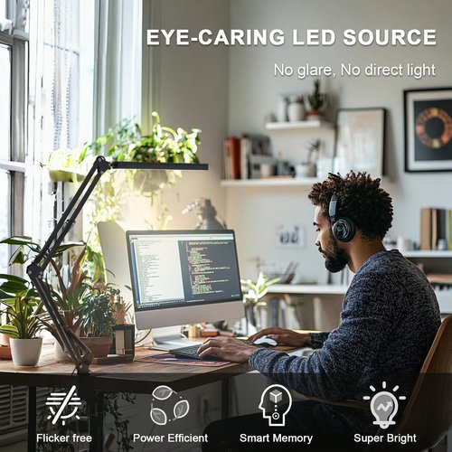 TROPICALTREE LED Desk Lamp for Home Office, Clamp-On with 5 Light Modes & Auto Shut Off | 14W Adjustable Brightness 5000K Eye-Caring Lighting for Study/Bedroom/Computer Desk