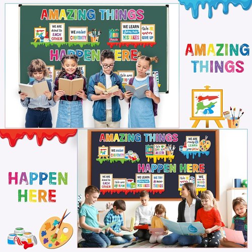 Qilery Art Theme Bulletin Board Set - Colorful Growth Mindset Paint Splatter Cutouts | Motivational Classroom Decor