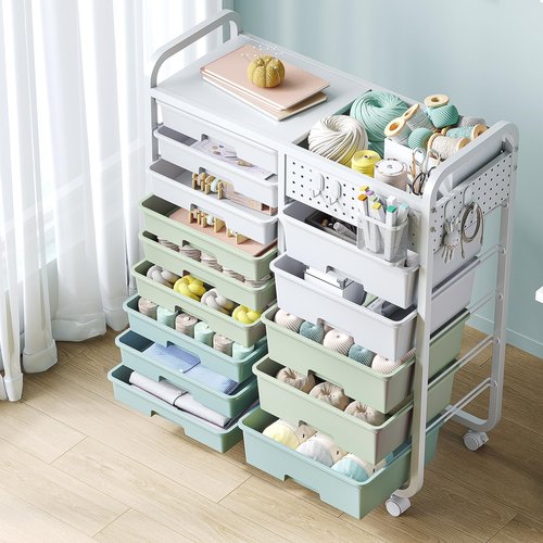 SYKIARIOL 14 Drawer Rolling Cart with Tabletop & DIY Pegboard, Storage Cart with Wheels, Classroom Organizers Utility Cart for Office Home School, Art Supplies, Mobile Craft Organizer, Green