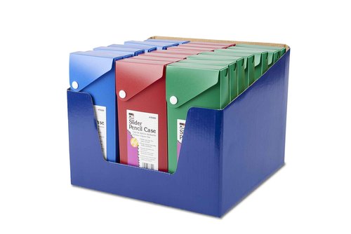 Charles Leonard Slider Pencil Case Box with Slide Out Tray and Snap Closure, Assorted Colors, 24 Pencil Boxes (in Shelf Tray Display) (76300-ST)