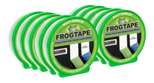 FrogTape Multi-Surface Painters Tape with PAINTBLOCK, 1.5 Inch Wide (1.41 In. x 60 Yds), Medium Adhesion, Green, 10 Rolls (242834)