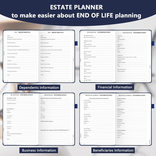 JUBTIC End of Life Planner, Estate Planning Organizer with Tabs, I’m Dead Now Book Planner for Final Wishes, Will & Document Organizer (7x10 Inches)-Navy Blue