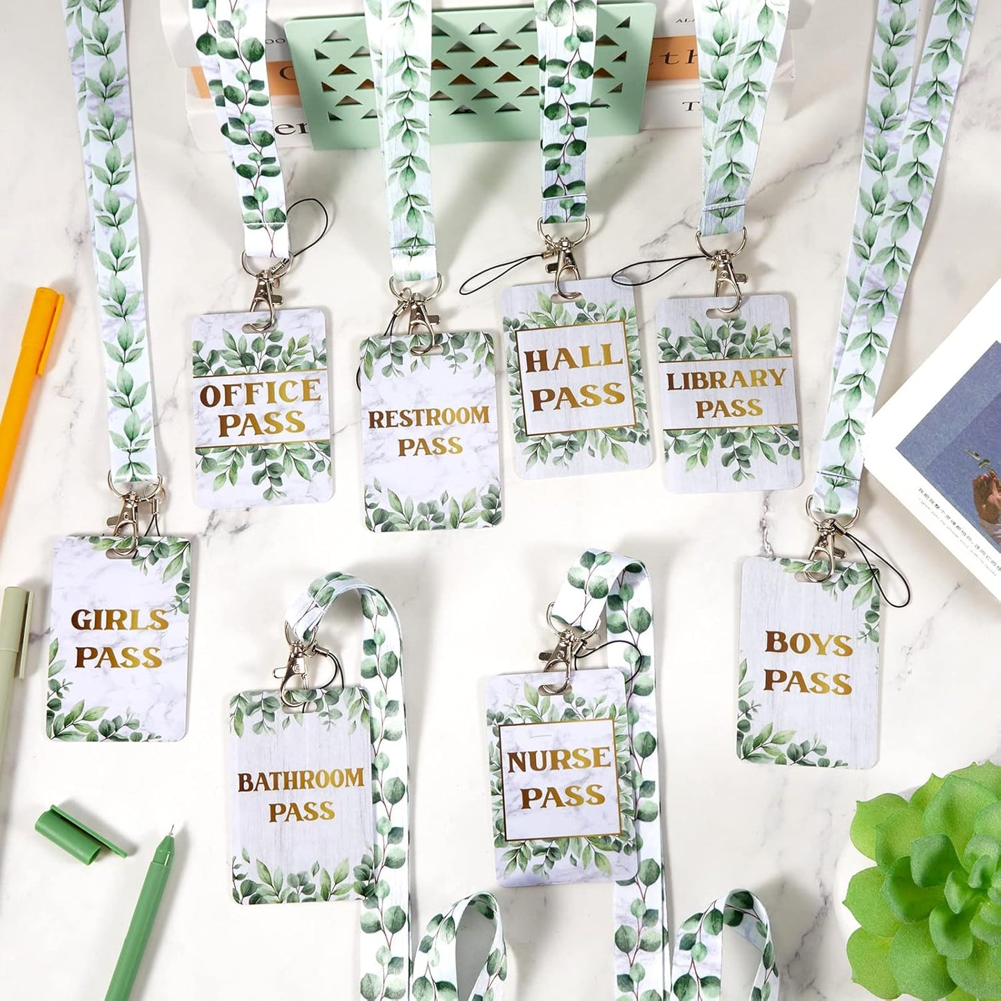 Teling Hall Pass Lanyards Set - Unbreakable PVC Passes for School & Office | Eucalyptus Design