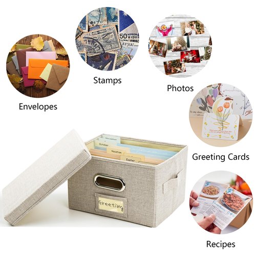 Remowith Greeting Card Organizer and Storage Box with 20 Pcs Adjustable Dividers, Storing Cards with 84 Pcs Labels Perfect for Storing Greeting Cards, Envelopes, Photos 1 Pack Beige