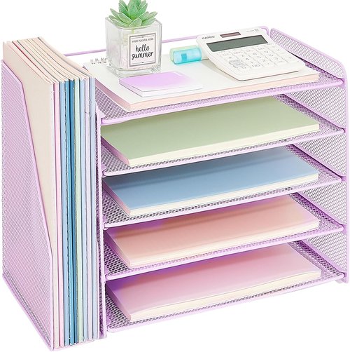 OPNICE Desk Organizer - 5-Tier Paper Tray with Magazine Holder | Purple Office Supplies Storage