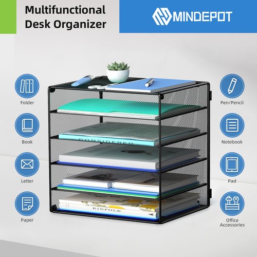 MINDEPOT 6 Tier Desk Organizer Paper Tray, Metal File Holder Desktop Organizers and Workspace Accessories for School Office Organization Storage Rack (1, Black)