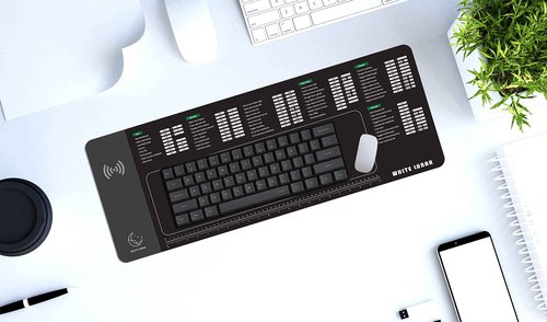 White Lunar] Wireless Charging Mouse Pad with Excel Shortcuts – 15W Fast Charger for iPhone & Galaxy, Large Desk Mat for Windows Users, Home Office Productivity & Gift Idea