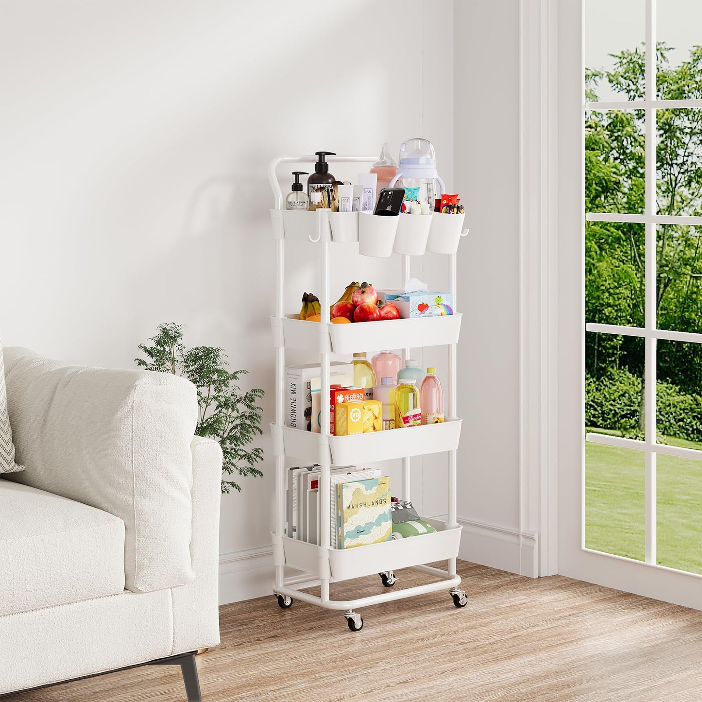 Buzowruil 4-Tier Rolling Utility Cart, Storage Cart with Handle Multi-Purpose and Locking Wheels,with Hanging Basket and Hook for Office, Kitchen, Bathroom,White