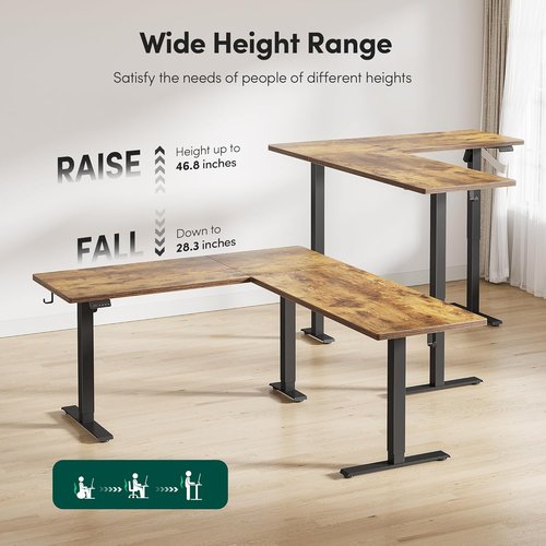 FEZIBO 63" L-Shaped Standing Desk - Adjustable Rustic Brown Corner Desk with Splice Board