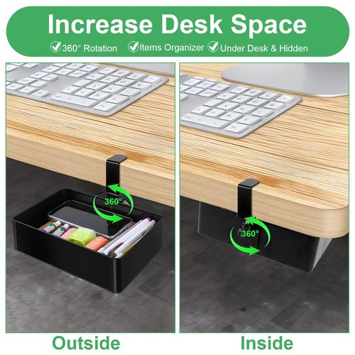 Metal Drawer Organizer - 360 Swivel Hidden Under Desk Storage - No Drill Pencil Drawer Tray for Home Office