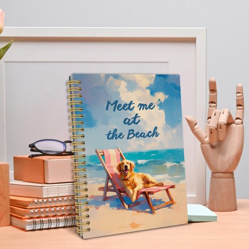 iEFEY Coastal Beach Golden Retriever Spiral Notebook Journal 5.5x8.3in, Dog Pet Lovers Gifts for Women, Ocean Beach Journal, Summer Vacation Puppy Notebooks for Note Taking, Dog Office Supplies