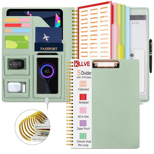 KLLVE Sauge Foldable Spiral Clipboard Folio with Storage Zipper Pouch, 5 Plastic Folders with Pockets,Refillable Lined Notepad (8.5" x 11"), Hardcover Project Organizer with 36 Stickers