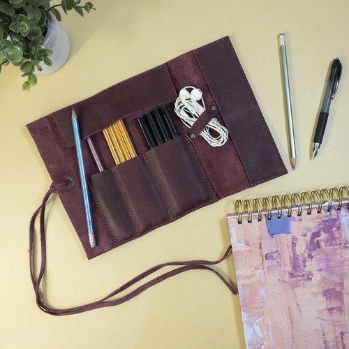 Hide & Drink, Rustic Pencil Roll Pouch, Multi-Purpose Storage Wrap for Scissors, Earphones, Organizer for Craft, Full Grain Leather, Handmade, Sangria