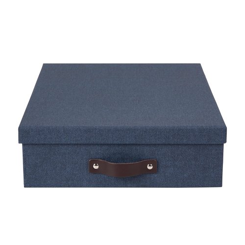Bigso Oskar Canvas Fiberboard Document Letter Box - File Organizer Box for Important Paperwork - Document Storage with a Lid & Leather Handle - 3.3 in x 10.2 in x 13.8 in - Blue