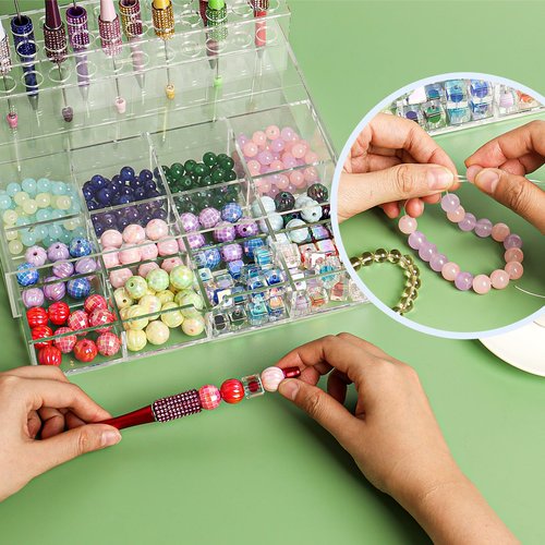 SBYURE Acrylic Pen Holder Beadable Pen Display Stand with 24-Slots Pen Display Stand 12 Grid Organizer Box Pen Holder Pencil Display Stand for Home Office Desk School Supplies