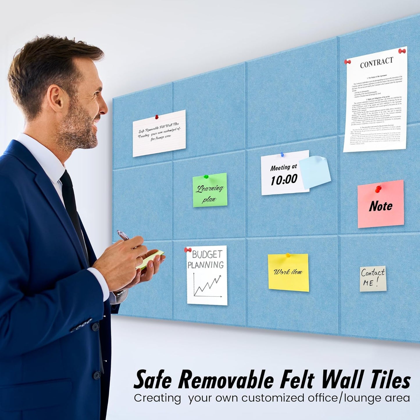 Skiennix Large Blue Felt Bulletin Board Tiles - 12-Pack Wall Organizer for Office Decor