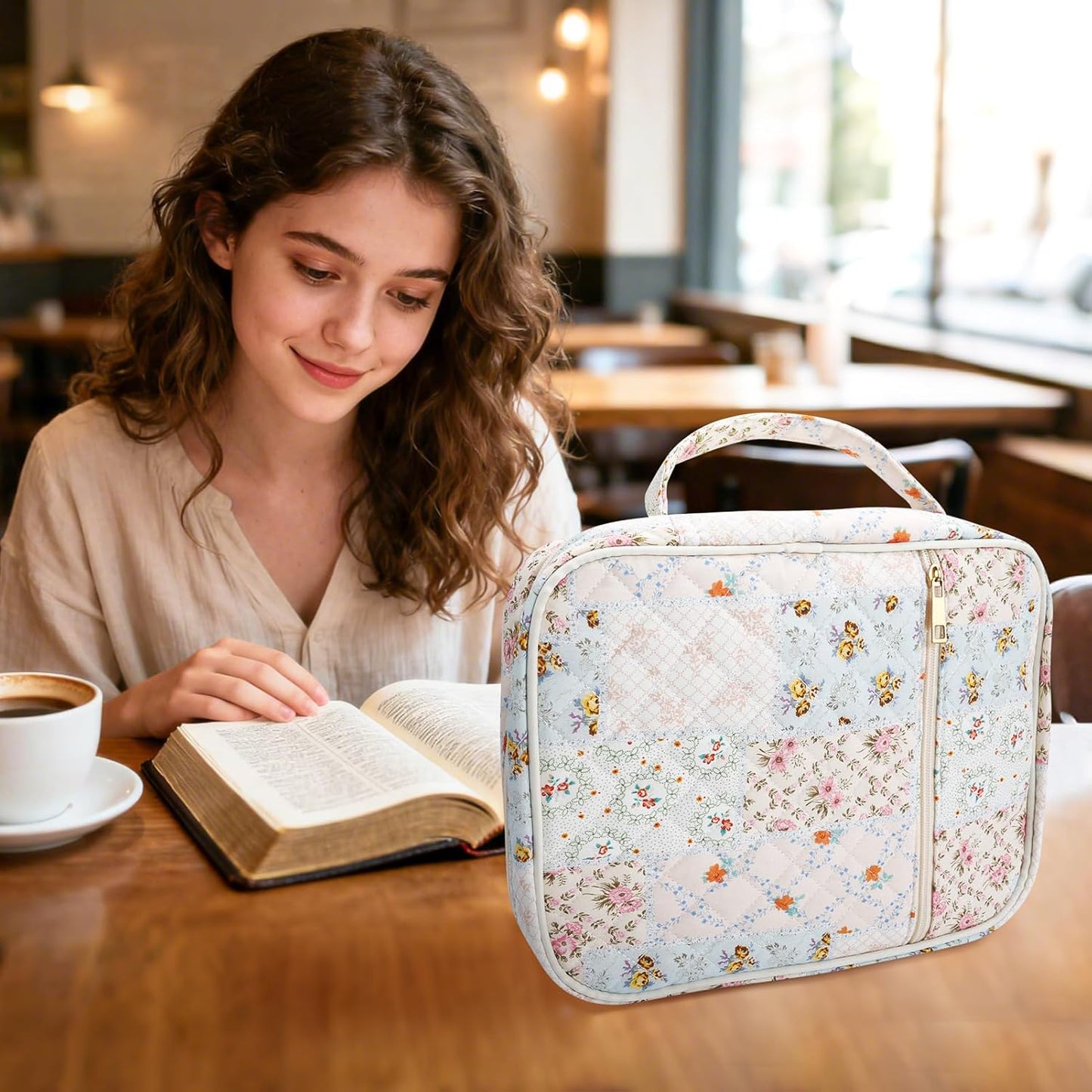 Zkptops Bible Cover Case - Floral Quilted Design with Zipper Pocket & Handle | Large Size for Women & Girls