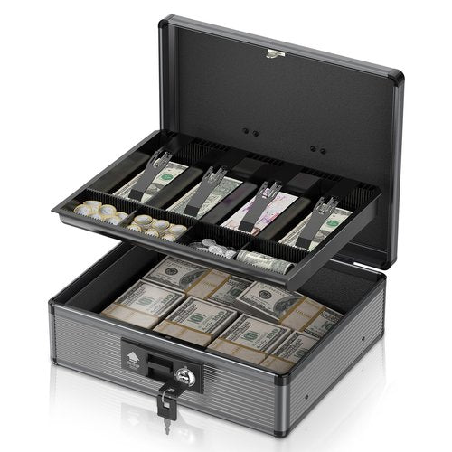 Lockbako Locking Cash Box with Money Tray and Key, Secure Money Safe Box for Cash, Portable Money Box with 2 Storage Spaces, Money Saving Organizer(Black, Extra Large)